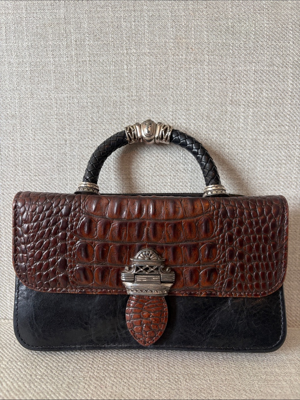 Brighton Vintage Two-Tone Brown Croc & Black Leather Top-Handle Wallet Bag